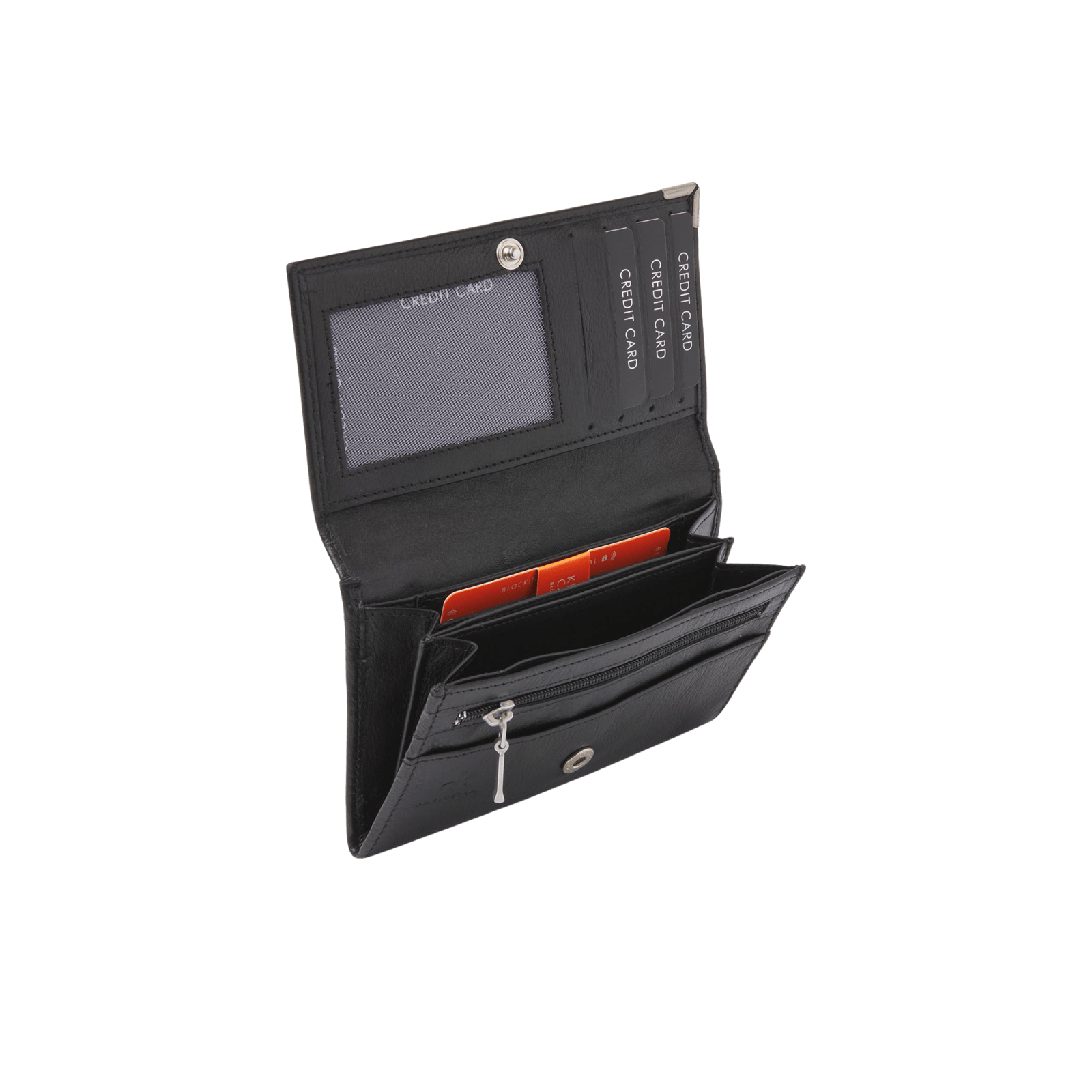 Ladies' wallet with RFID protection, flap closure, and 15 storage compartments.