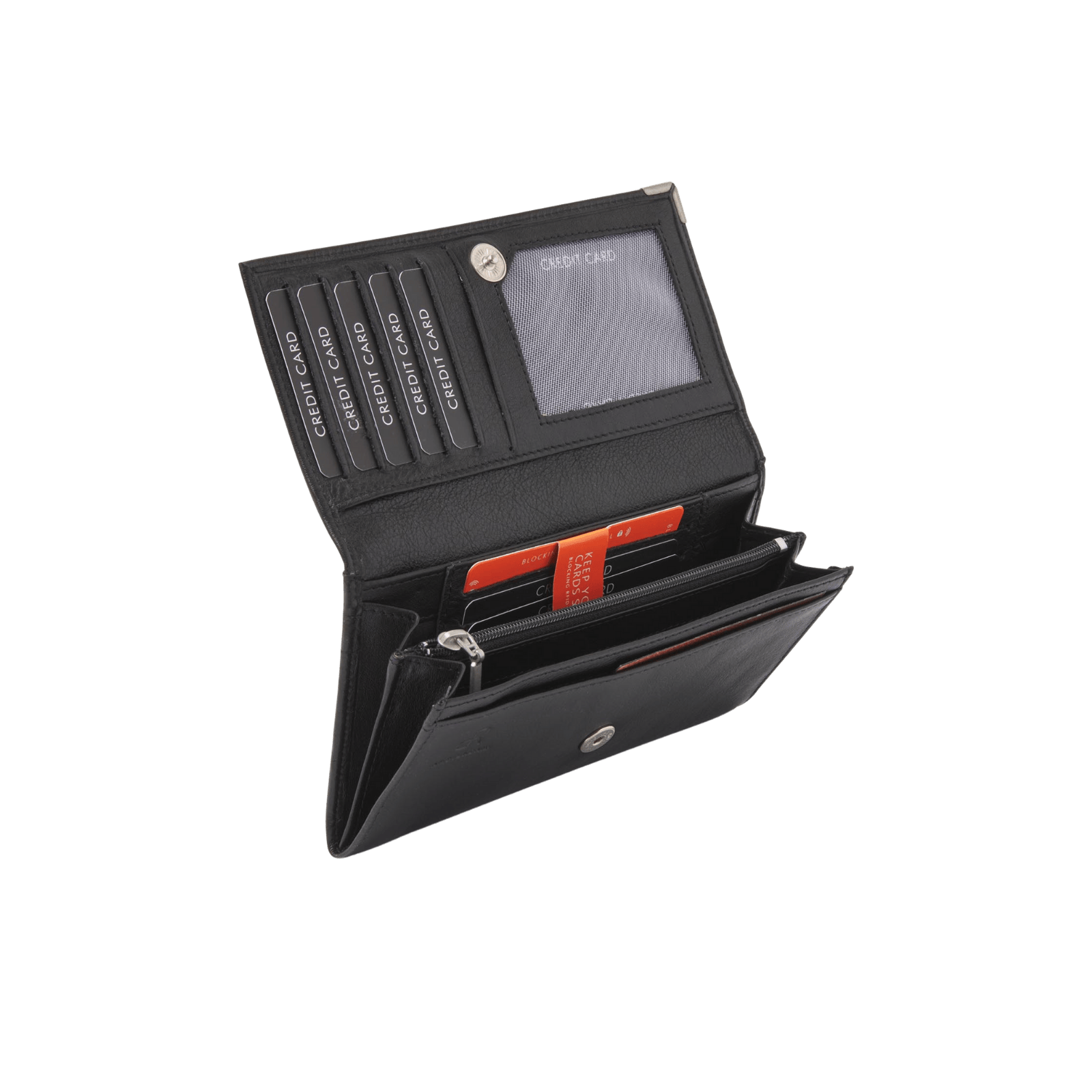 Ladies' wallet with flap, RFID protection, 9 card slots, and zip pockets.