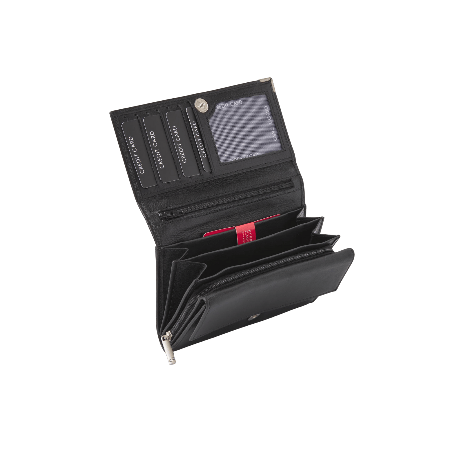 Ladies' zip wallet with flap, featuring 7 card slots, made of leather.
