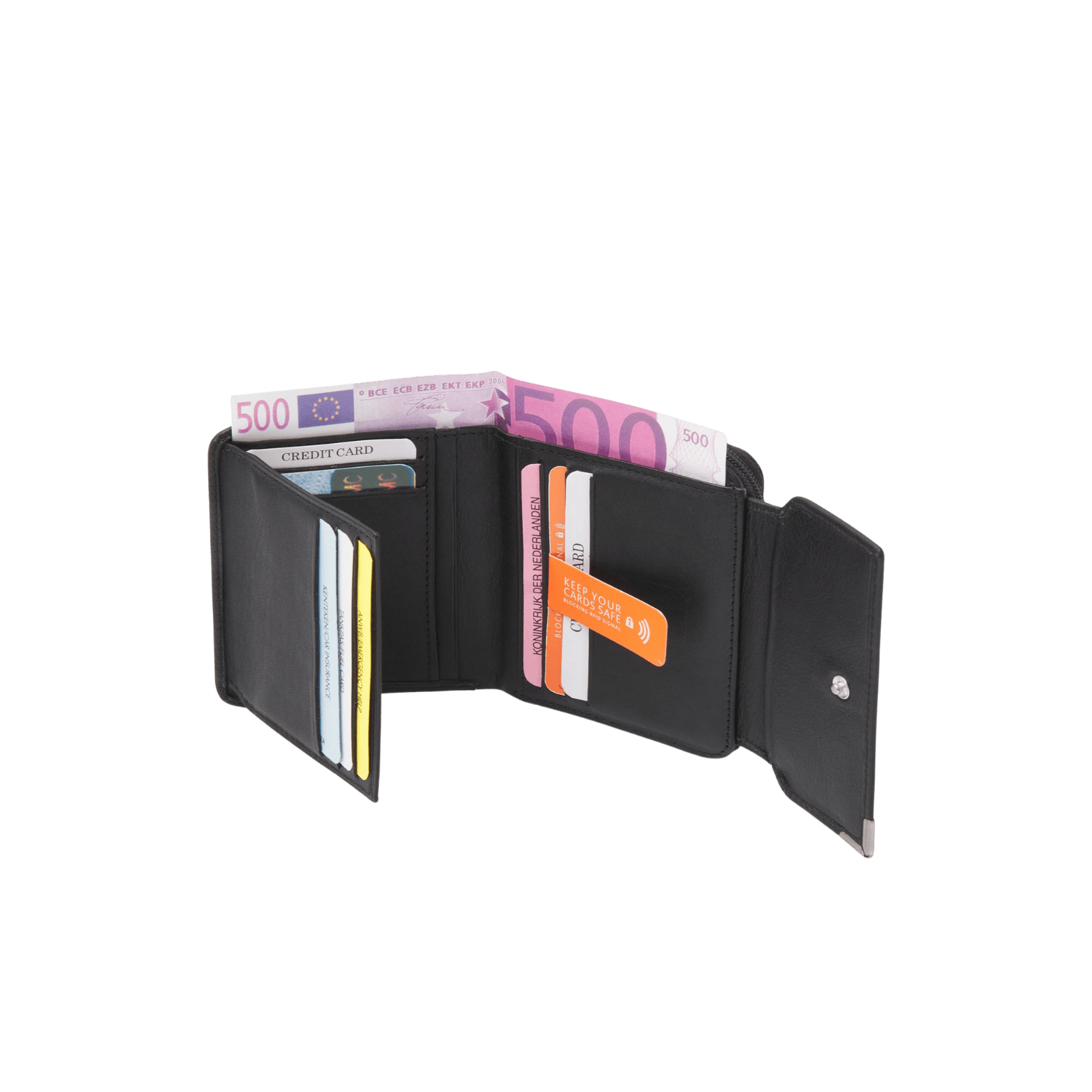 Ladies' zip wallet with 8 card slots and RFID protection.