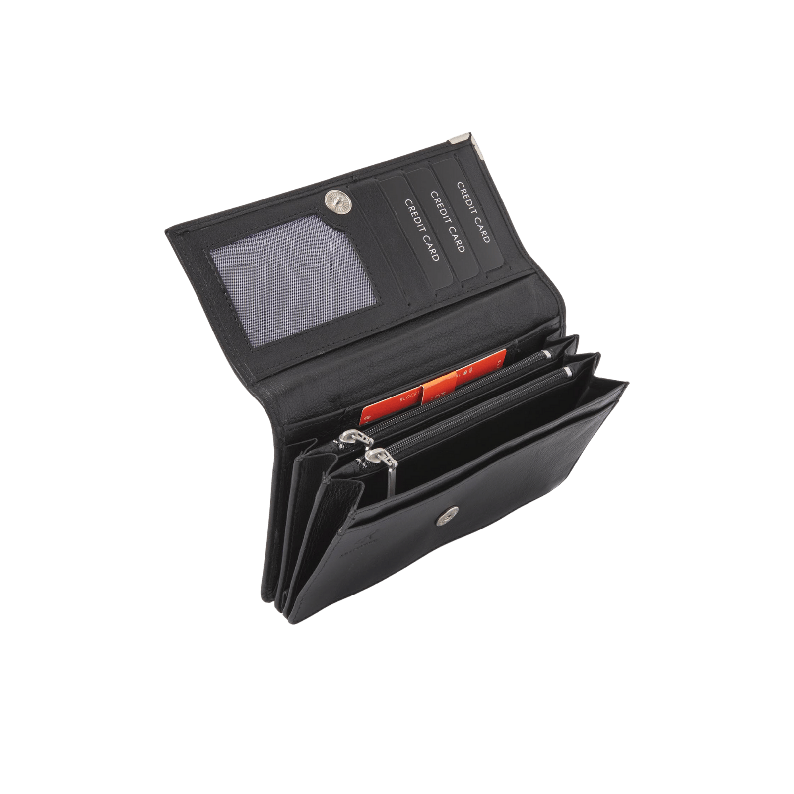 Ladies' zip wallet with 12 card slots and RFID protection.