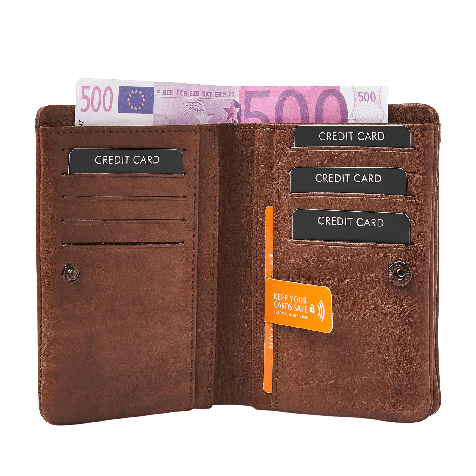 Damesportemonnee met RFID, leren wallet en veel pasjesvakjes