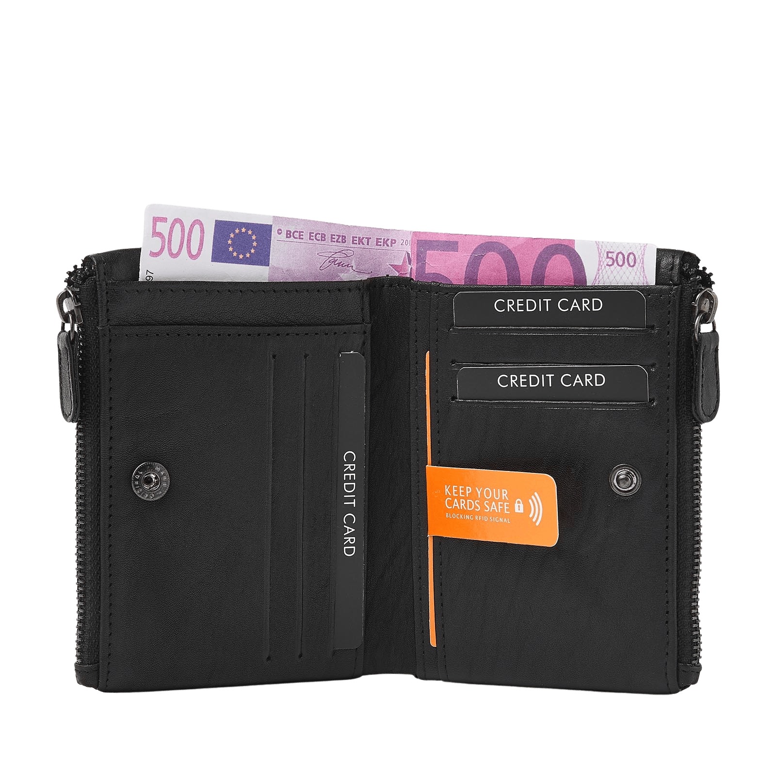 Ladies' wallet with zip pockets, snap button, and multifunctional design.