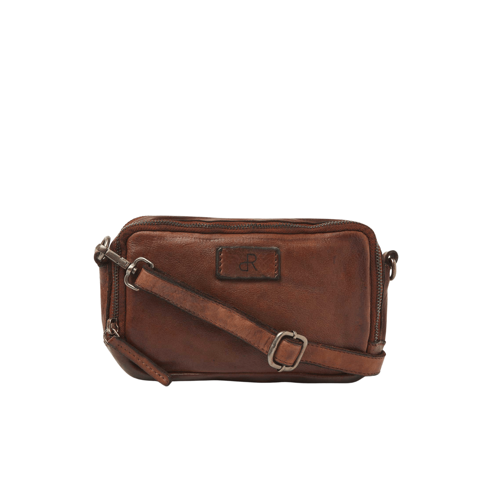 Leather shoulder bag for women, crossbody style with double zipper and multiple compartmen