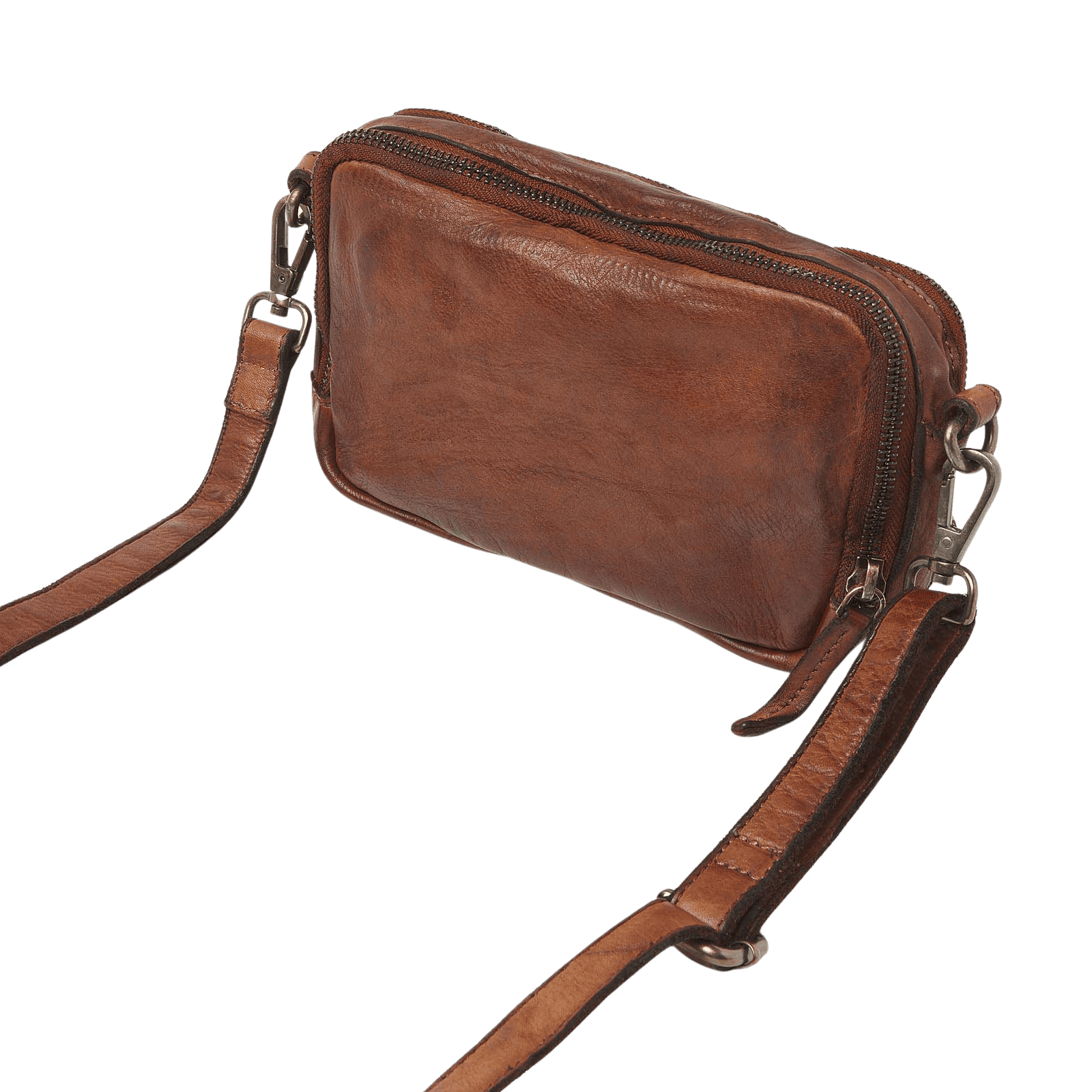 Leather shoulder bag for women, crossbody style with double zipper and multiple compartmen