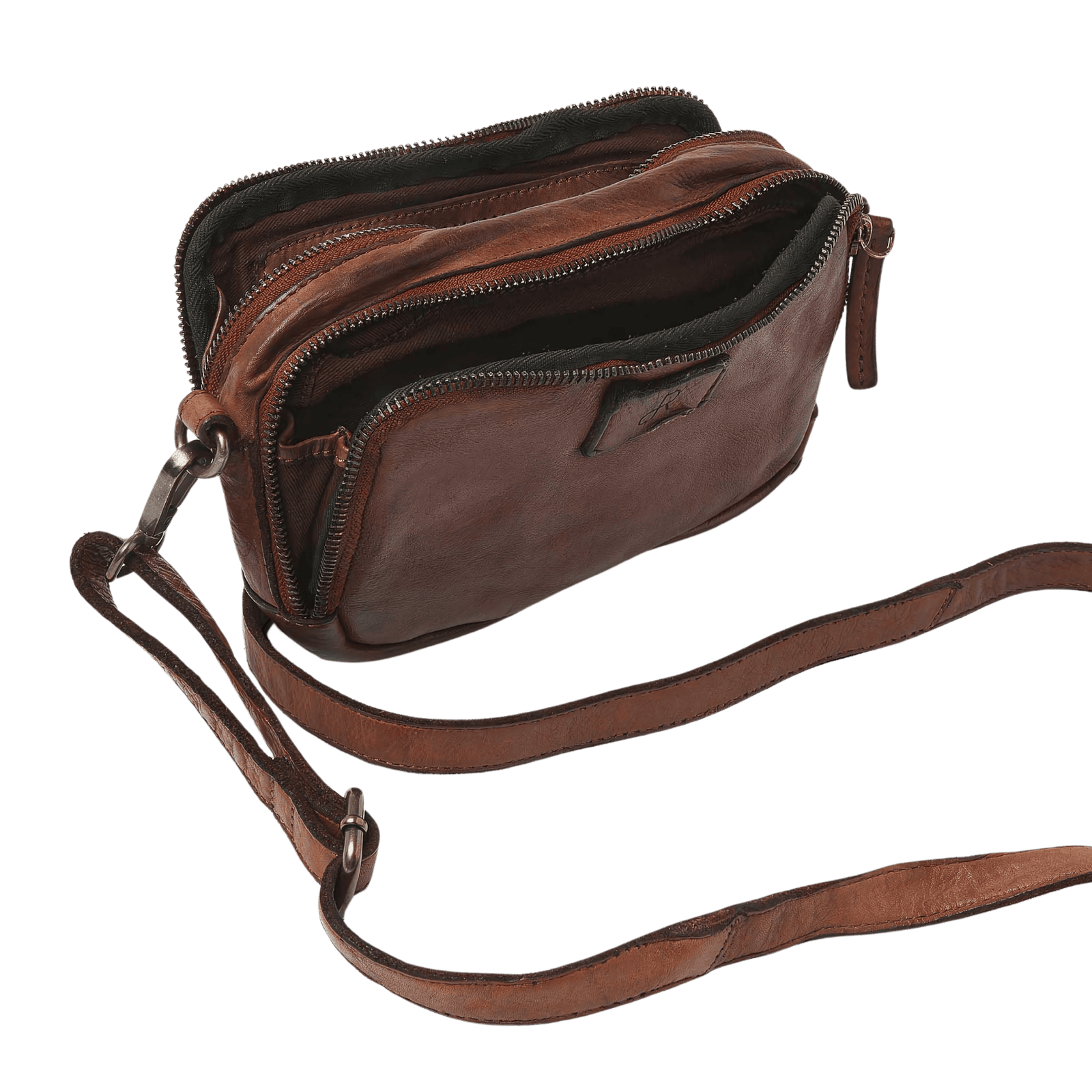 Leren schoudertas voor dames, crossbody met dubbele rits en vakken